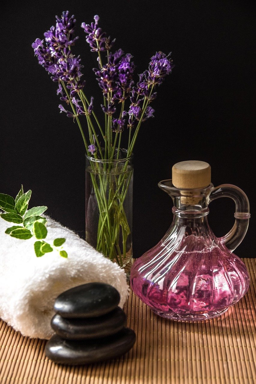 wellness, beautiful wallpaper, carafe, purple, towel, rolled, herbs, bamboo, relaxation, massage, spa, light, background, black, glow of light, still life, stones, lavender, vase, iphone wallpaper