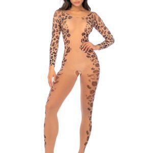 Long Print Sleeve Leopard Mesh Bodystocking - Os - Leopard Print
