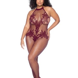Vino Noir Floral Fishnet Bodystocking - X - Cherry