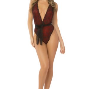 Floral Lace & Mesh Teddy - One Size - Red