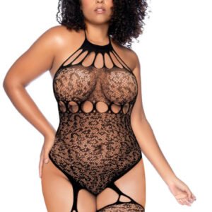 Leopard Halter Fishnet Bodysuit - Curve Os - Black